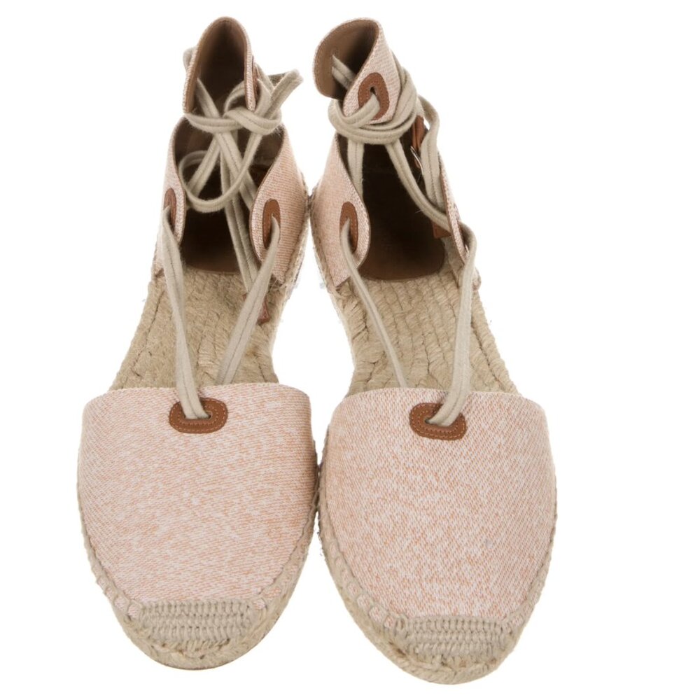 Hermes Pink and Tan Espadrille Lace-Up Flats